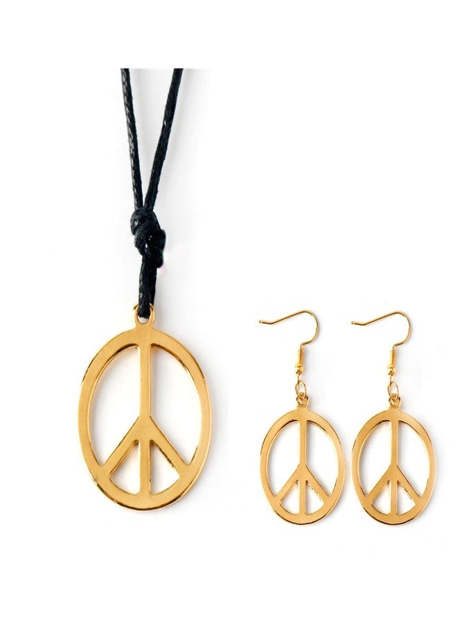 Soyzvteo Peace Sign Pendant Necklace and Earrings Set - Silver Gold Hippie Costume Jewelry for Women Men - Boho 60s 70s Party Accessories - Rope Set/Gold - Image 1
